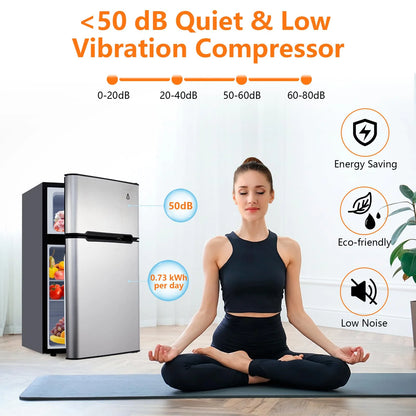 3.2 Cu. Ft Mini Fridge with Freezer, Small Refrigerators Double Door Stainless Steel, 5 Adjustable Thermostat Settings, Compact Internal Freezer with Crisper Drawer for Apartment Dorm, Silver