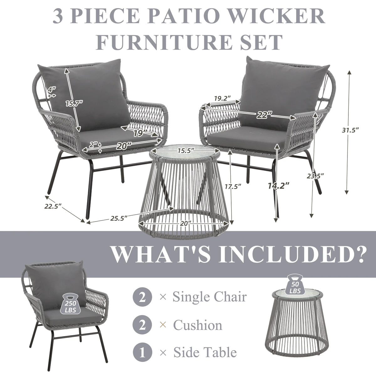 Bezseller 3-Piece Outdoor Wicker Furniture Set, Patio Conversation Set, Gray