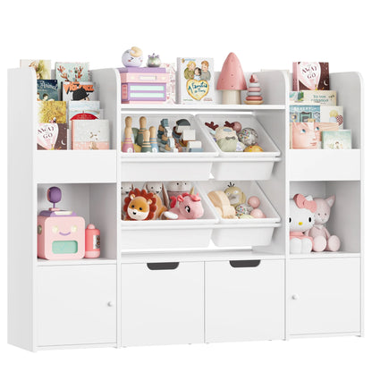Hiphuta Kids Bookcase Toy Storage Organizer, Wooden Toy Organizer of 4 Bins& 2 Removable Drawers for Home Bedroom, Kids Bookshelf Toy Box with Book Rack, White