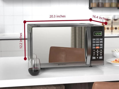 Emerson 1.1 Cu Ft, 1100W Mirror Finish Countertop Microwave Oven with Grill, MWG1191SB