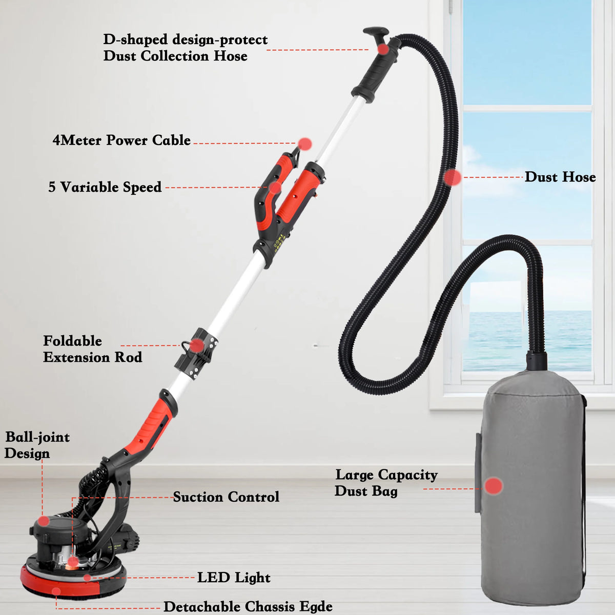 POVANLI 780W Electric Drywall Sander with Vacuum Dust Collection, 6.5A Motor Dustless Floor Sander with Variable Speed 900-1800RPM, LED Light, Extendable & Foldable Handle Yellow+Black