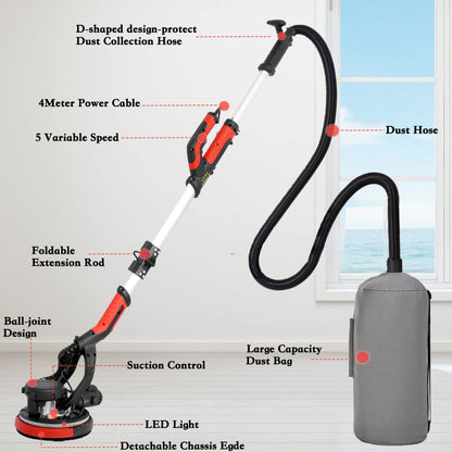 POVANLI 780W Electric Drywall Sander with Vacuum Dust Collection, 6.5A Motor Dustless Floor Sander with Variable Speed 900-1800RPM, LED Light, Extendable & Foldable Handle Yellow+Black