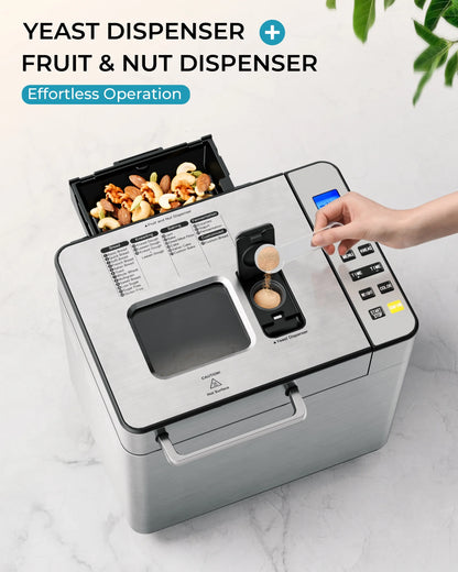 Simzlife 25-in-1 Bread Maker Machine, 2LB Capacity for Dough & Bread with Automatic Fruit and Nut Dispenser, Stainless Steel Construction