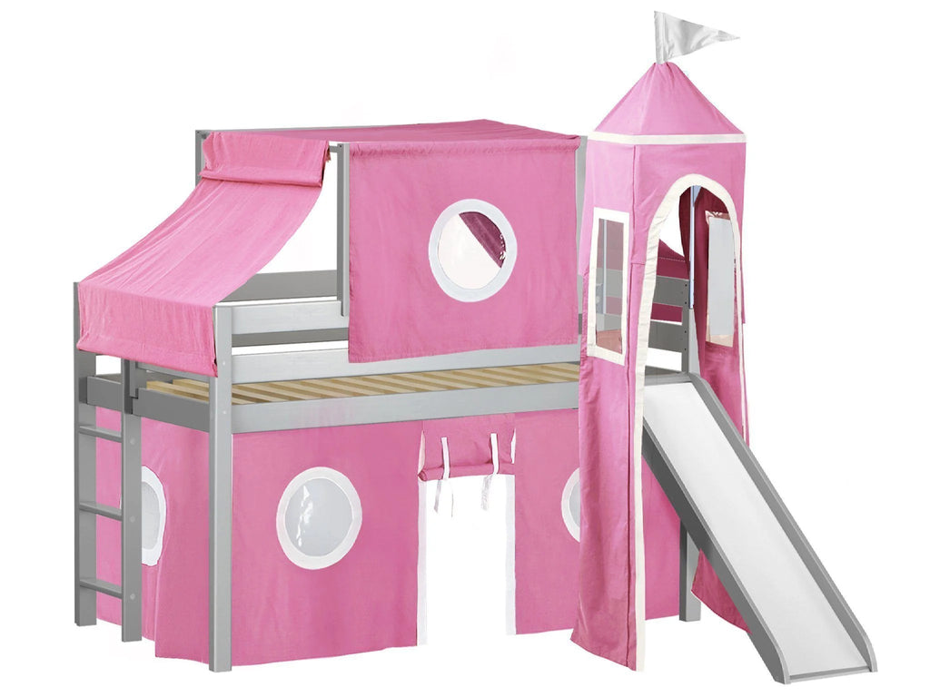 JACKPOT! Castle Low Loft Bed with Slide, Red Yellow and Blue Tent and Tower, Twin, Cherry