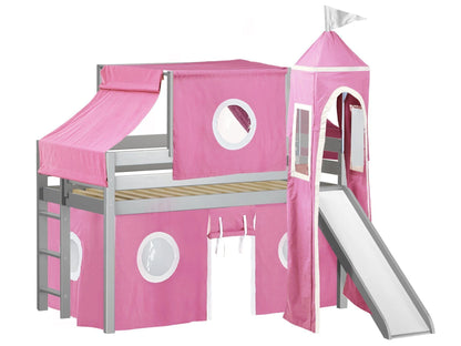 JACKPOT! Castle Low Loft Bed with Slide, Red Yellow and Blue Tent and Tower, Twin, Cherry