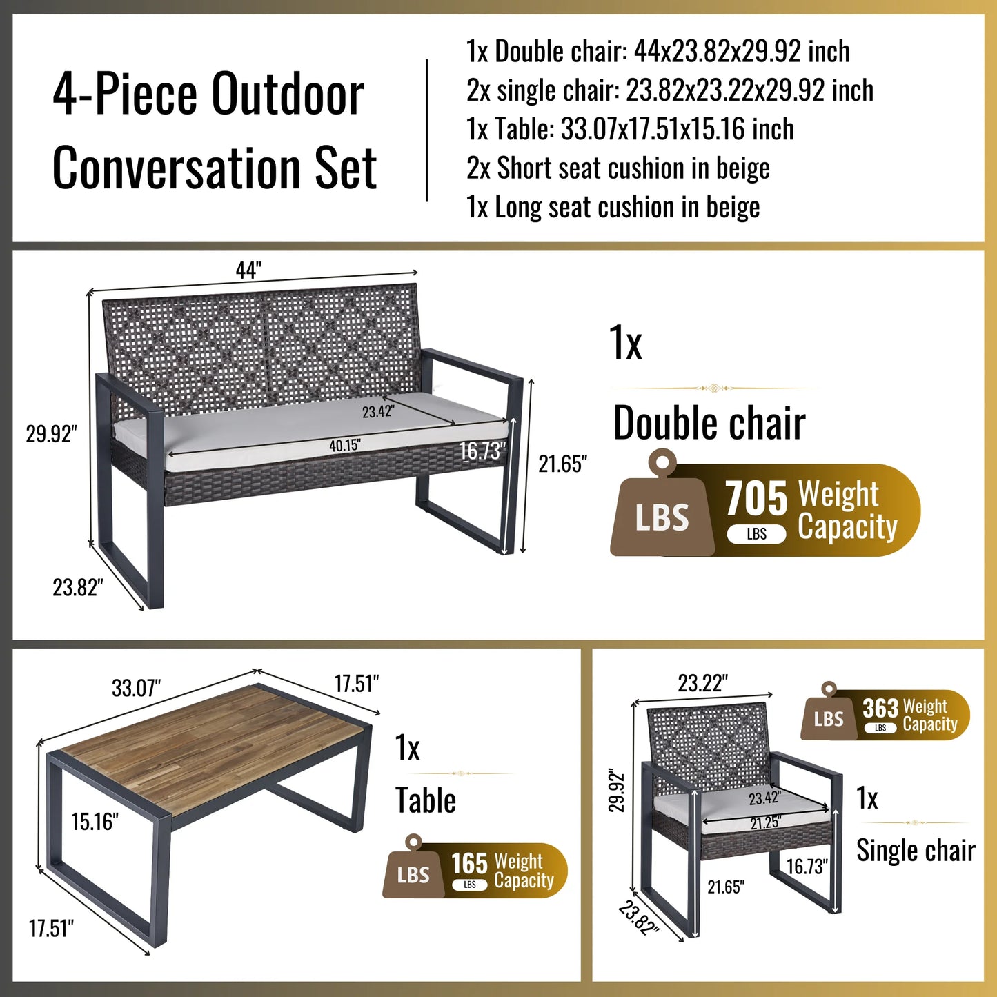 Heavy-duty Patio Furniture Set, 4 Piece Outdoor Sectional Conversation Sets, BrownPE Rattan Patio Sofa Set with Blue Cushions