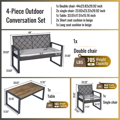 Heavy-duty Patio Furniture Set, 4 Piece Outdoor Sectional Conversation Sets, BrownPE Rattan Patio Sofa Set with Blue Cushions