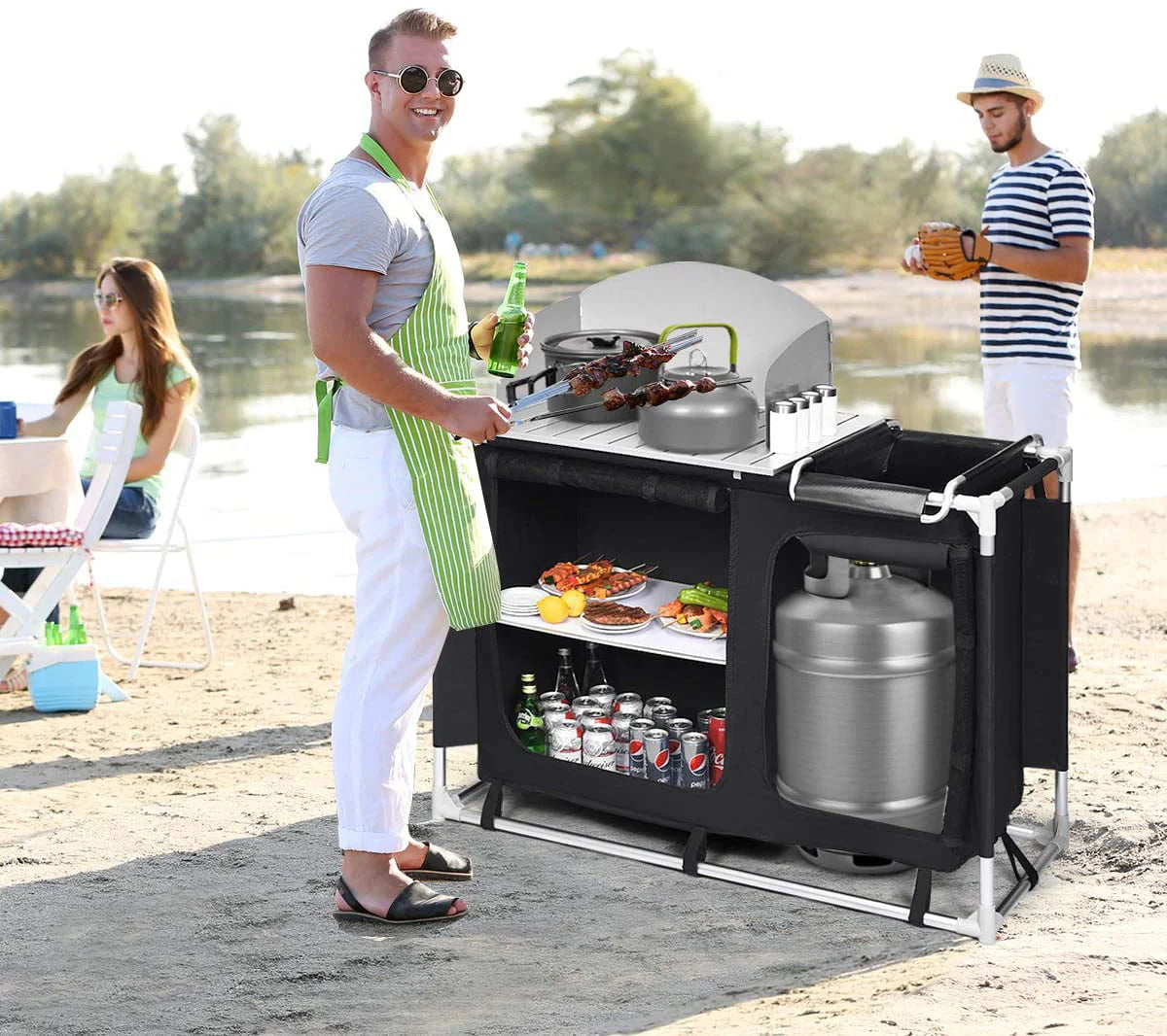 Camping Kitchen Table, Camping Grill Table w/Windscreen & Storage Organizer, Outdoor Kitchen Cook Station with Basin for BBQ, Party, Picnics, Backyards, BBQ Table