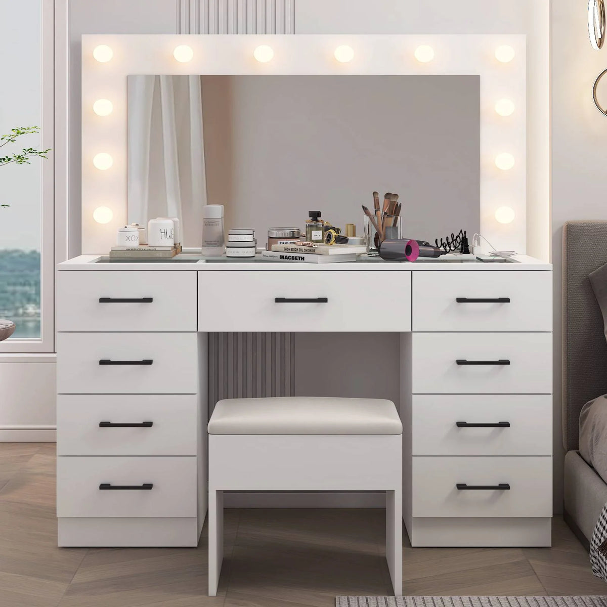 Ktaxon Large Makeup Vanity, Vanity Table Set w/ Visible Glass Top w/ Charging Station, White