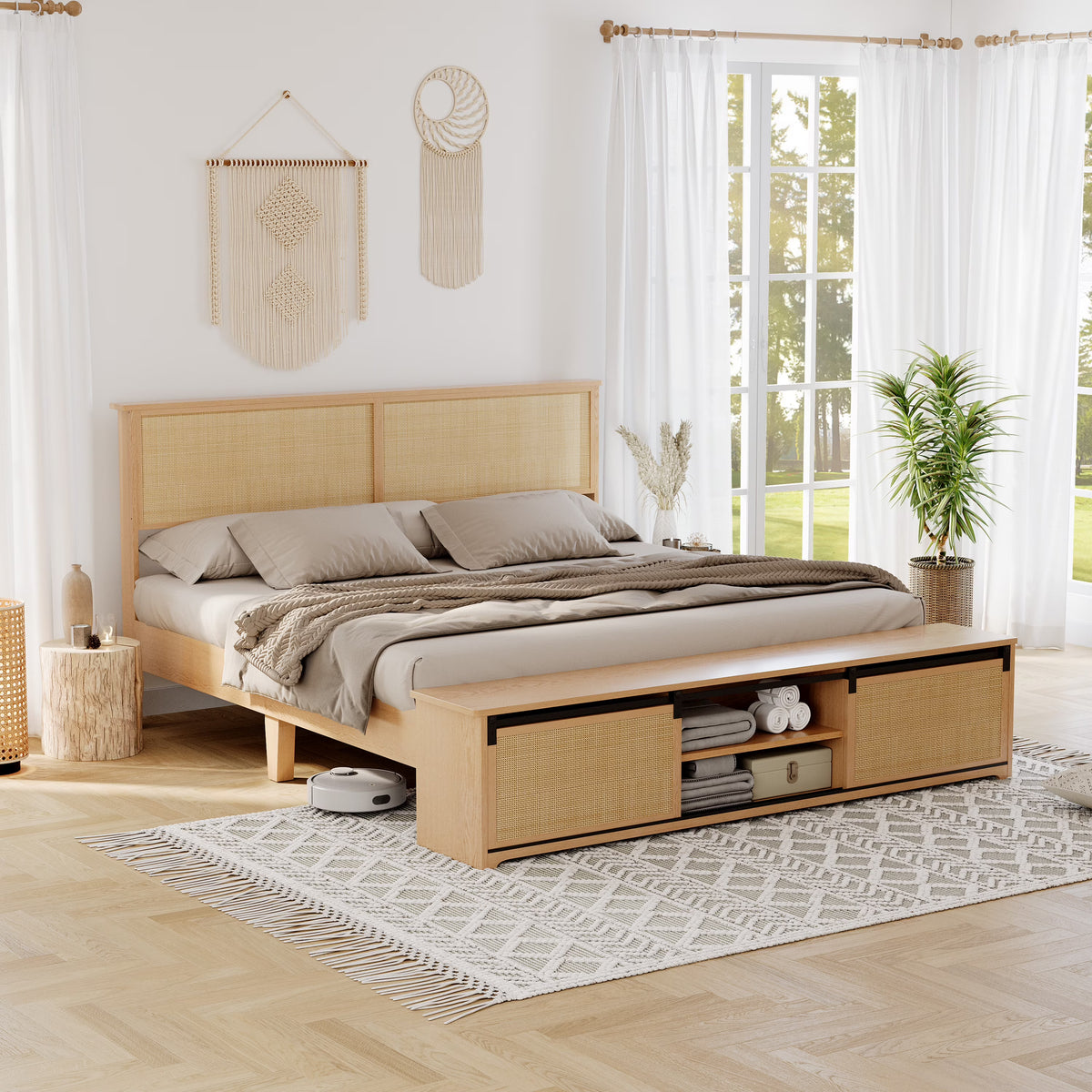 Natural Rattan Bed Frame with Sliding Barn Door Storage Cabinets and LED Light Headboard, Farmhouse Wood Platform Bed with Solid Wood Legs Support