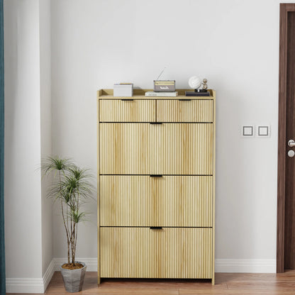 Shoe Cabinet, Free Standing Tipping Bucket Shoe Rack Organizer with 3 Flip Drawers, Modern Entryway Narrow Shoe Rack with 2 Drawers & Top Storage, for Hallway Bedroom, Walnut