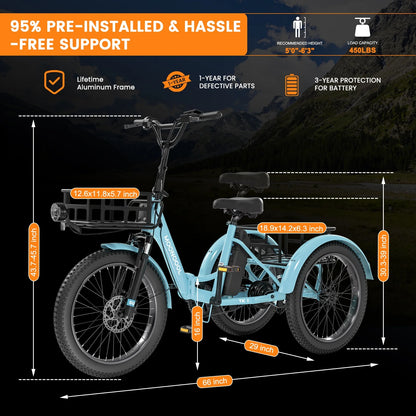 MOONCOOL TK1 Folding Electric Tricycle for Adults,48V 14.5Ah Removable battery, 500W（Peak 1000w）Motor, 20" Fat Tire Step-Thru 3Wheel Electric Bicycle w/Front&Rear Baskets, Certified to UL 2849 by SGS