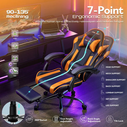 JONPONY Big and Tall Gaming Chair, Ergonomic Design, Gamer Chair PU Leather with Footrest and Lumbar Support, High Back Office Chair Support 8 Hours Long Sitting, Computer Chair,Black Grey