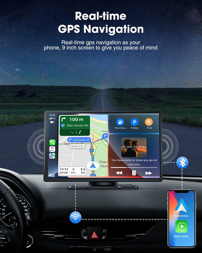 LAMTTO 9" Portable Inch Wireless Carplay Car Stereo with 2.5K Dash Cam, 1080p Backup Camera 64GB SD Card, Wireless Apple Carplay Car Radio Receive GPS Navigation , Bluetooth, Siri,AUX/FM