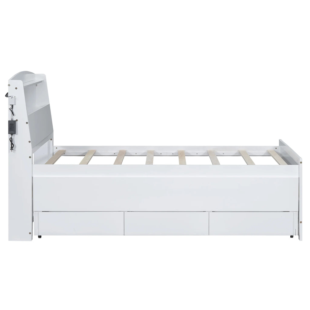 Euroco Wood Twin Size Platform Bed with Storage Headboard, Drawers Trundle and LED Light, White
