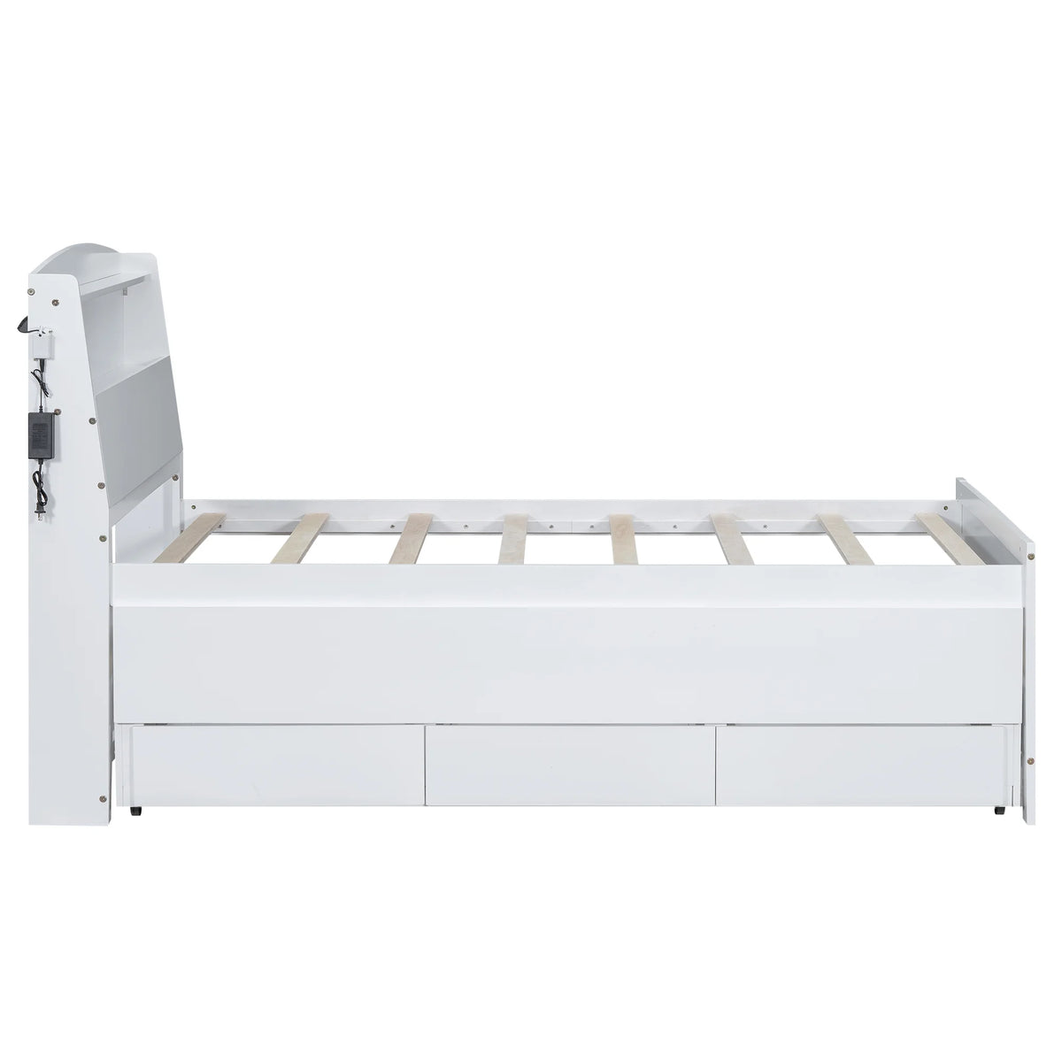 Euroco Wood Twin Size Platform Bed with Storage Headboard, Drawers Trundle and LED Light, White