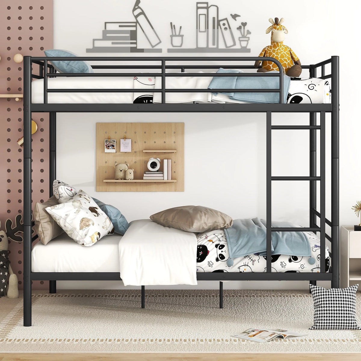 Full over Full Bunk Beds, BTMWAY Metal Bunk Beds Full Over Full Size, Full Size Convertible Bunk Beds for Kids Teens Adults, with Ladder and Safety Guardrails, Load-Bearing 350lbs, Noise-Free, Black
