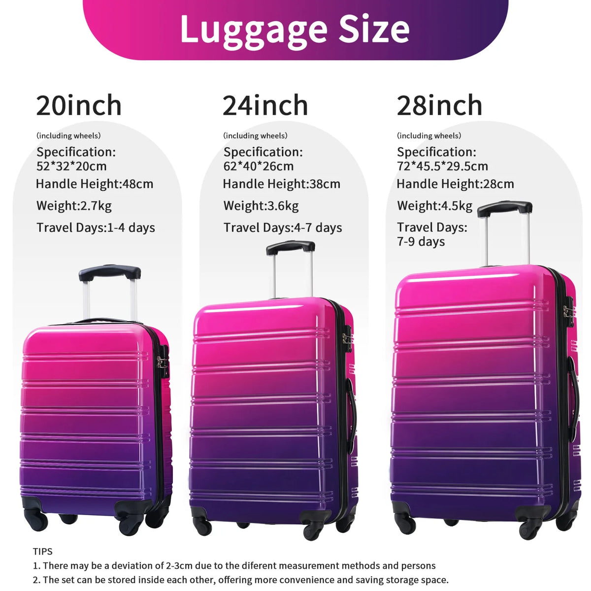 3 Piece Luggage Sets, Hard Shell Suitcase 20/24/28 Inches with TSA Lock and Spinner Wheels, Expandable Lightweight Travel Luggage for Men Women, Multicolor purple