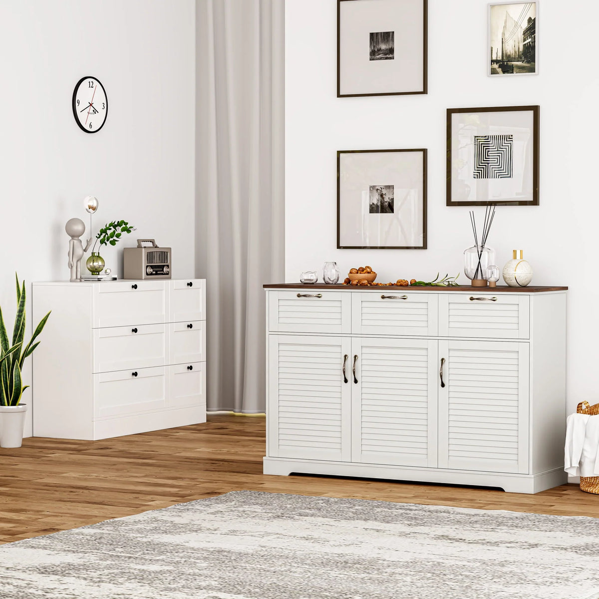Homfa 53.5'' 3 Drawer Kitchen Buffet Cabinet with Adjustable Shelves, Wood Storage Cabinet with 3 Doors for Dining Room, White