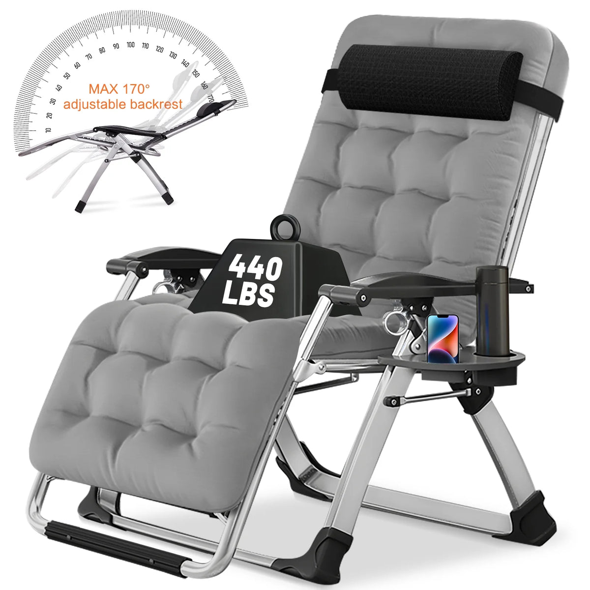 MOPHOTO Zero Gravity Chair Folding Outdoor Patio Recliner with Detachable Cushion,Cup Holder,Headrest,26"D x 20"W x 45"H
