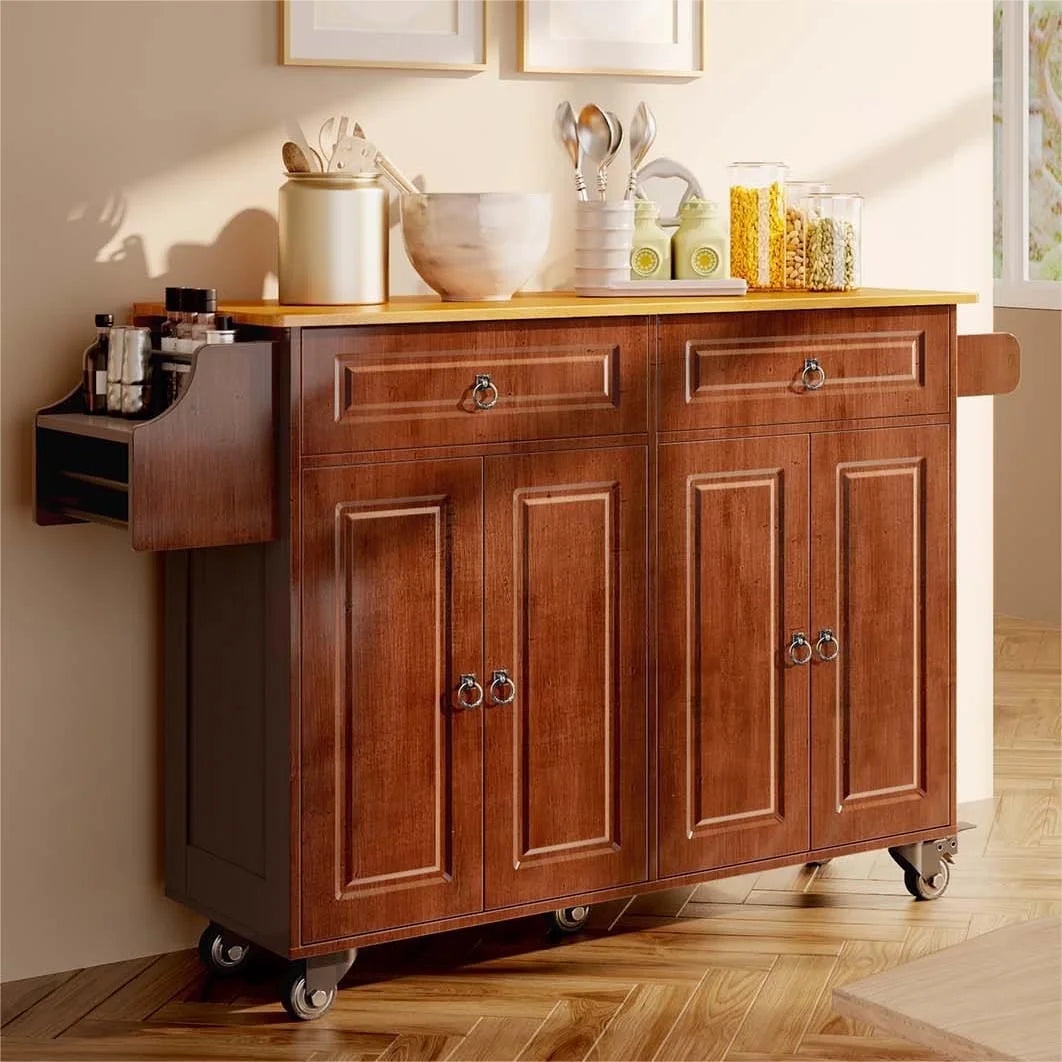 Lofka 52-Inch Kitchen Island with Storage on Wheels with Wood Drop Leaf, Ideal for Small Kitchens