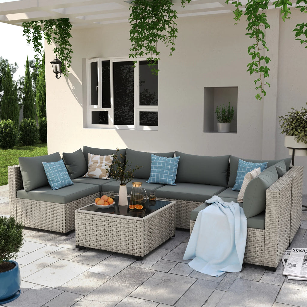 7 Pieces Patio Conversation Set, Outdoor Sectional PE Rattan Wicker Furniture Seat,Dark Gray