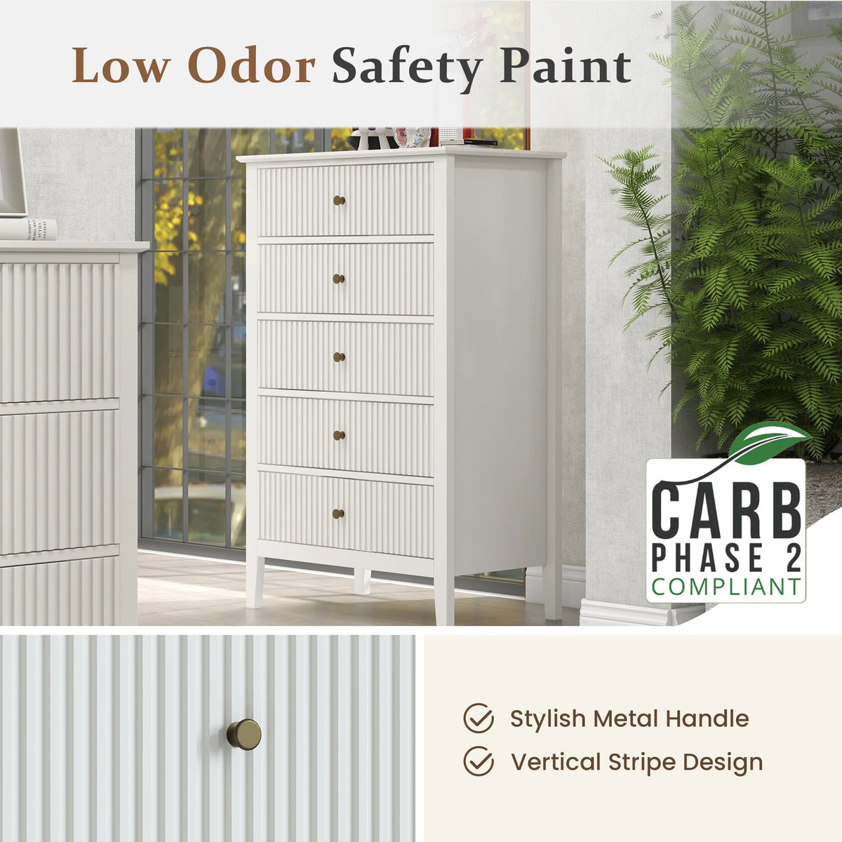 May Color Large White 3 Drawer Dresser Set of 2 with Fluted Panel, Modern Chest of Drawers with Silent Slide Drawers, Wood Accent Nightstand with Storage for Bedroom Living Room, Hallway