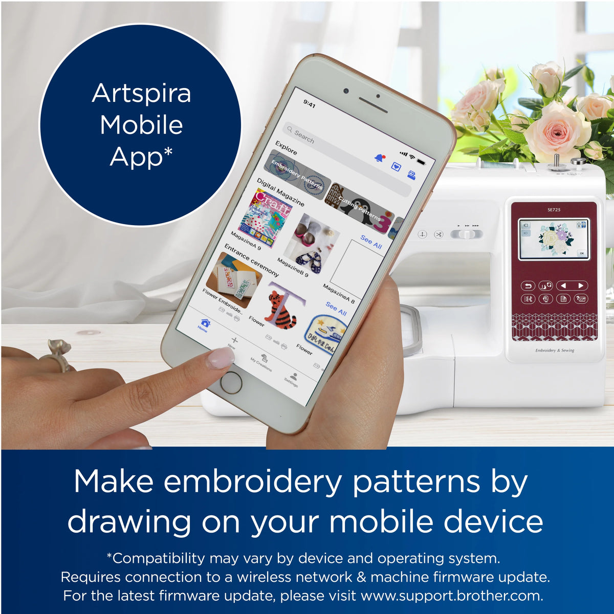 Brother SE725 Sewing and Embroidery Machine with Artspira App, 50 Free Designs