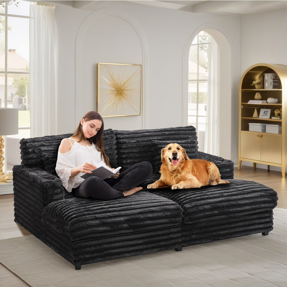 Oversized Double Chaise Lounge, Faux Fur Upholstered Deep Seat Sofa with 2 Pillows, 2 Cupholders, and Dual USB Ports