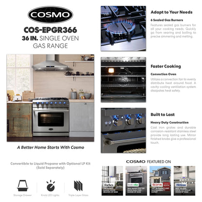 Cosmo 36 Inch 6 Cubic Foot Gas Range Convection Oven with 6 Italian Burners