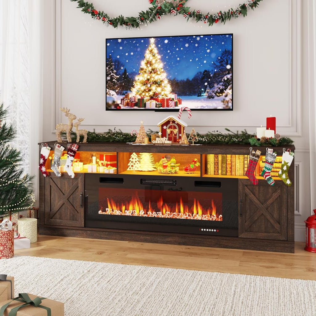 ChVans 70" Fireplace TV Stand for TVs up to 80" with 36" Electric Fireplace, Farmhouse Entertainment Center with LED, Wooden Media Console for Living Room, Bedroom