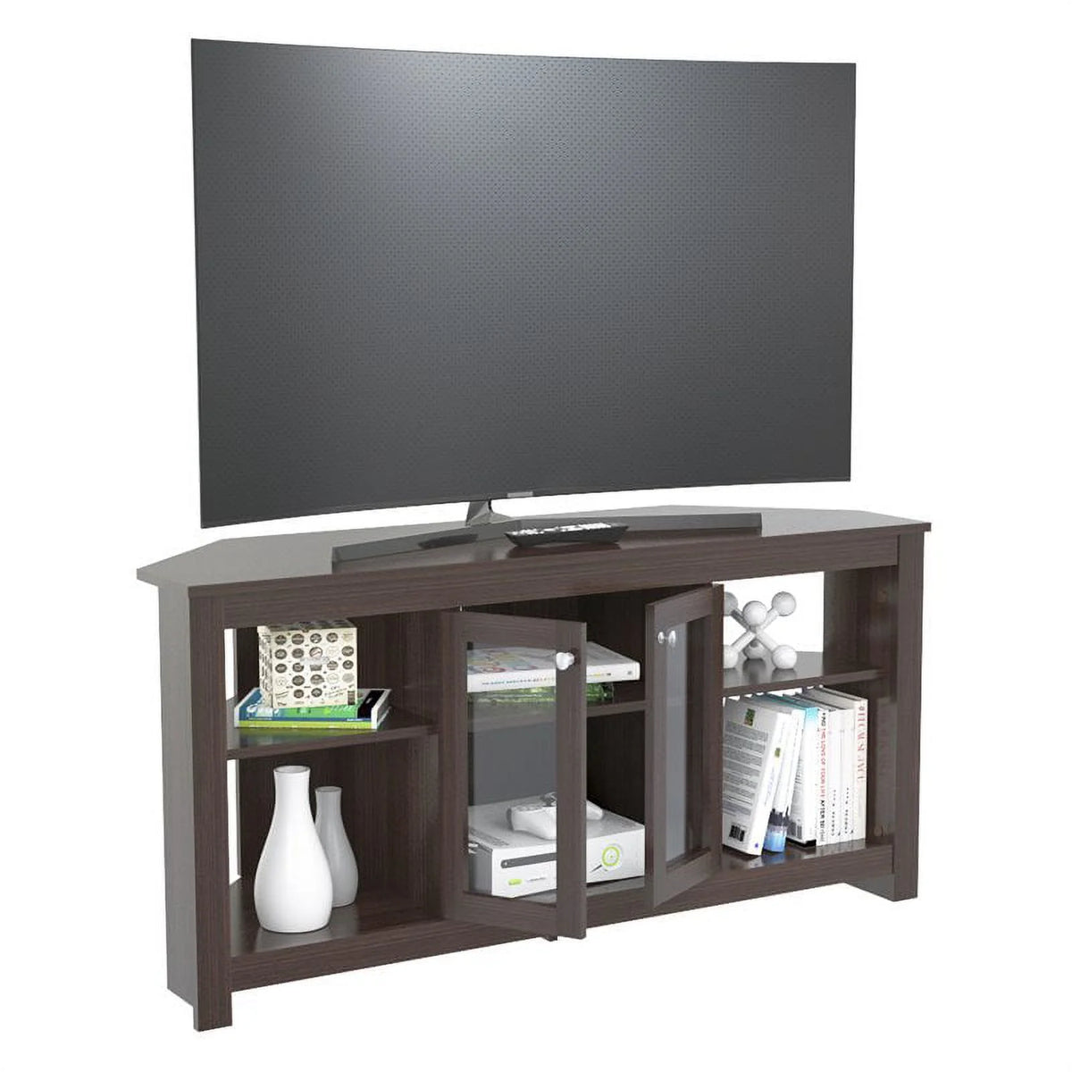 Inval Corner Laminate 60�� TV Stand with Glass Doors, White