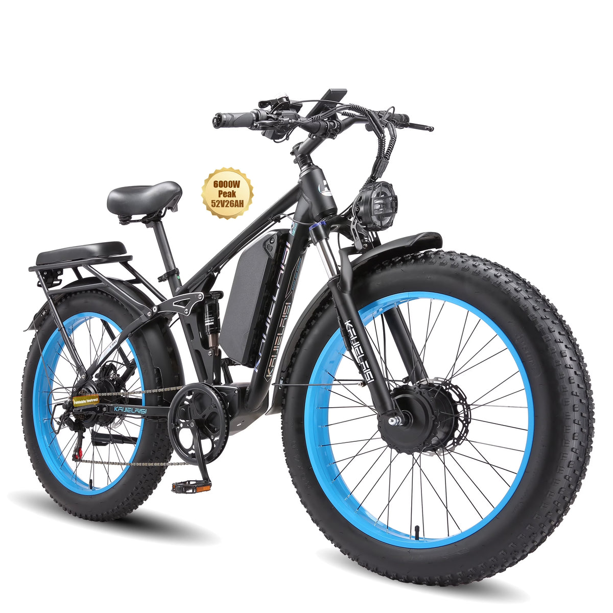 KAIJIELAISI Electric Bike for Adults,AWD Ebikes Dual Motor Peak 6000W, 26'' Fat Tire bikes with 52V 26AH Battery Hydraulic Brake Electric Bicycle, 7 Speed Mountain EBike UL 2849.