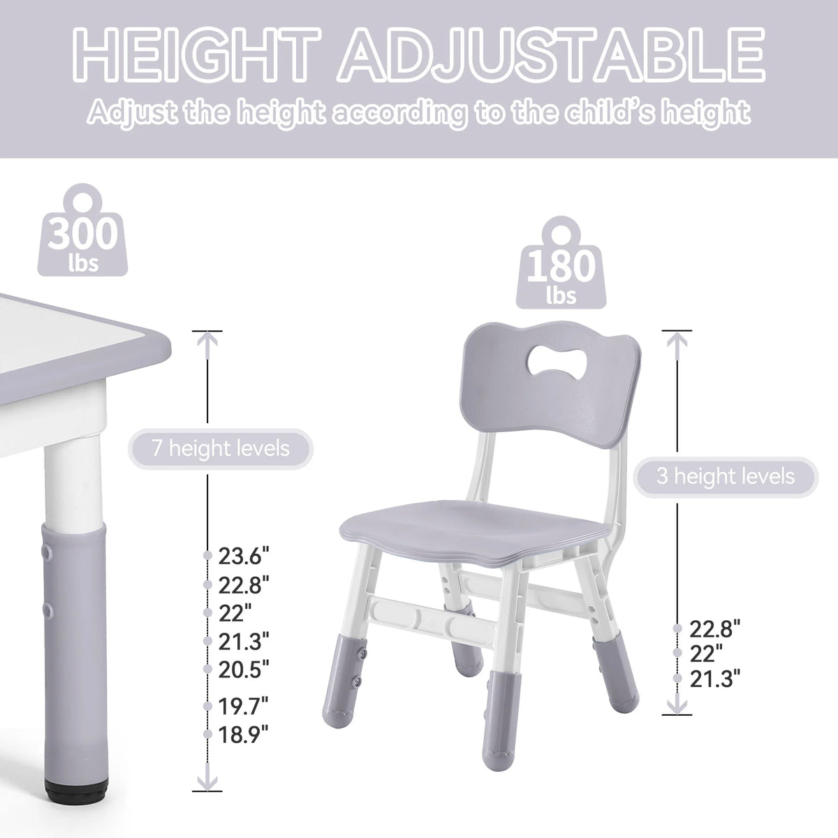 Toddler Table and Chairs Set for 4, 47.2''L x 23.6''W Kids Study Table and Chair Set, Height-Adjustable, Graffiti Desktop, Children Activity Table for Daycare, Classroom, Home
