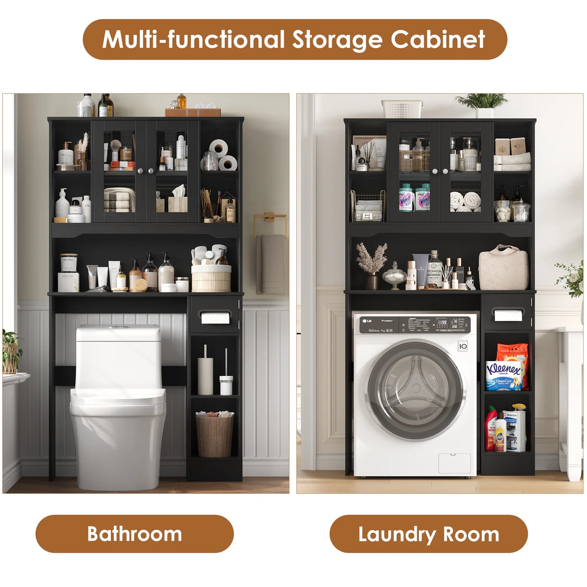 Homfa Over The Toilet Storage Cabinet with Toilet Paper Holder Stand, Above Toilet Organizer with Glass Doors, Behind Toilet Shelf for Restroom, Bathroom, Laundry, White