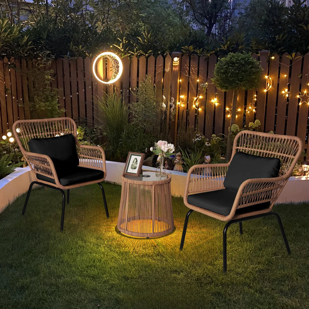 Tappio 3-Piece Patio Conversation Bistro Set Rattan Furniture, Outdoor Patio Set w/Glass Top Table & Cushions for Garden Balcony Backyard Poolside, Yellow/Beige