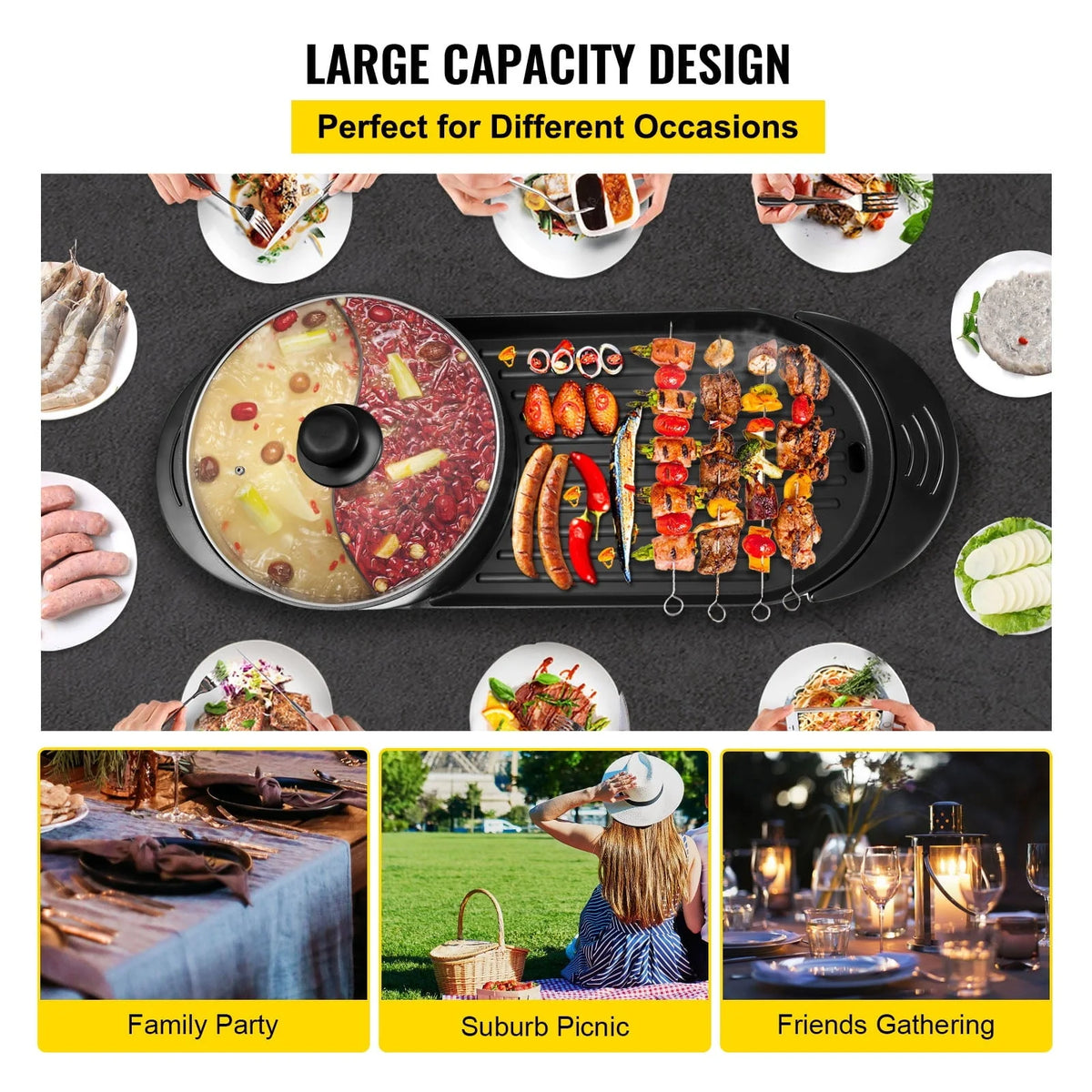 VEVOR 2 in 1 Electric Hot Pot and Grill, 2200W Separate Dual Temperature Control Electric Skillet, 5 Speed for Indoor Korean BBQ,Black