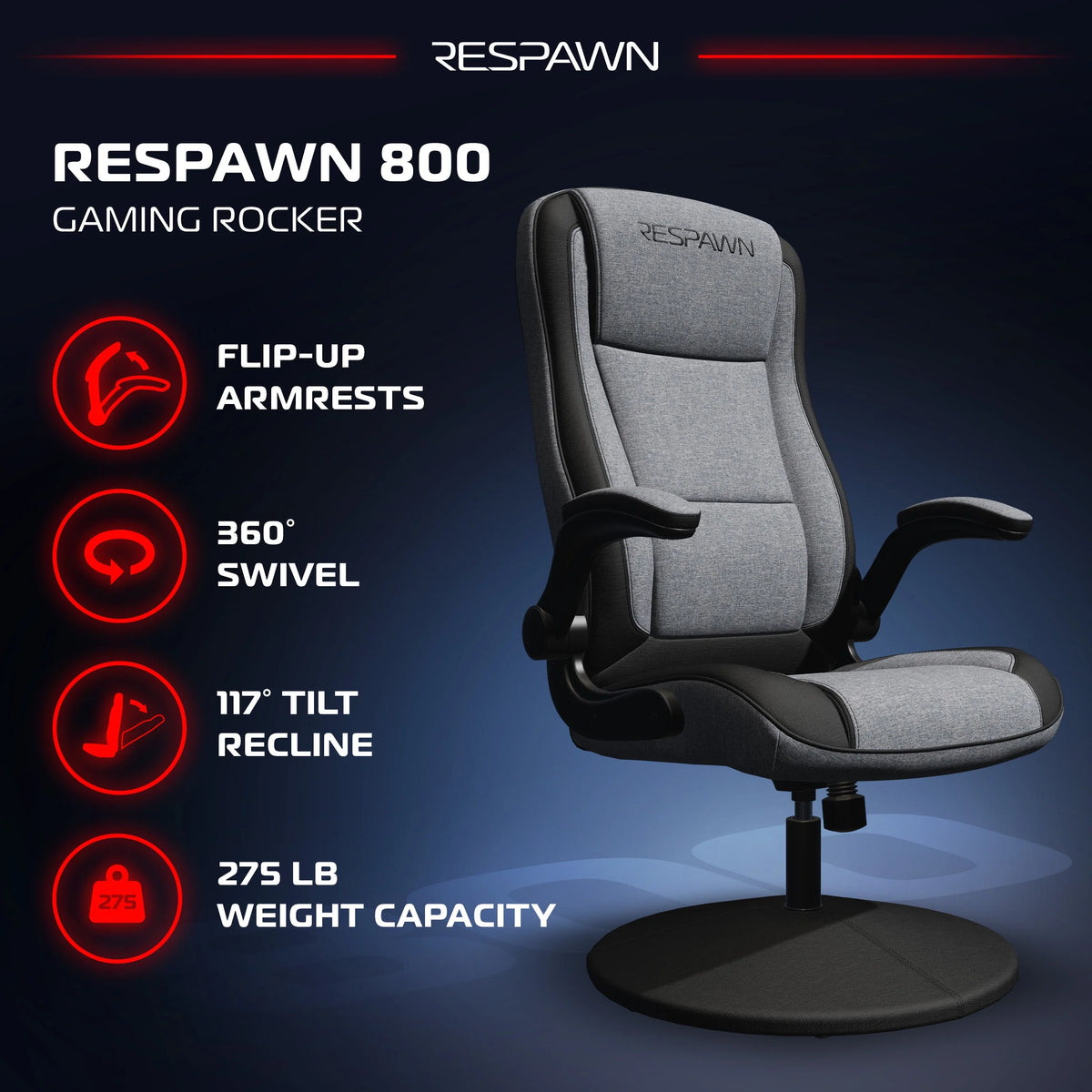 RESPAWN 800 Swivel Rocker Gaming Chair - Ergonomic Floor Gaming Seat with Lumbar Support, Flip Up Armrest, High Back, Pedestal Base, Comfortable No Wheels Console Video Game Rocker Chair - Red
