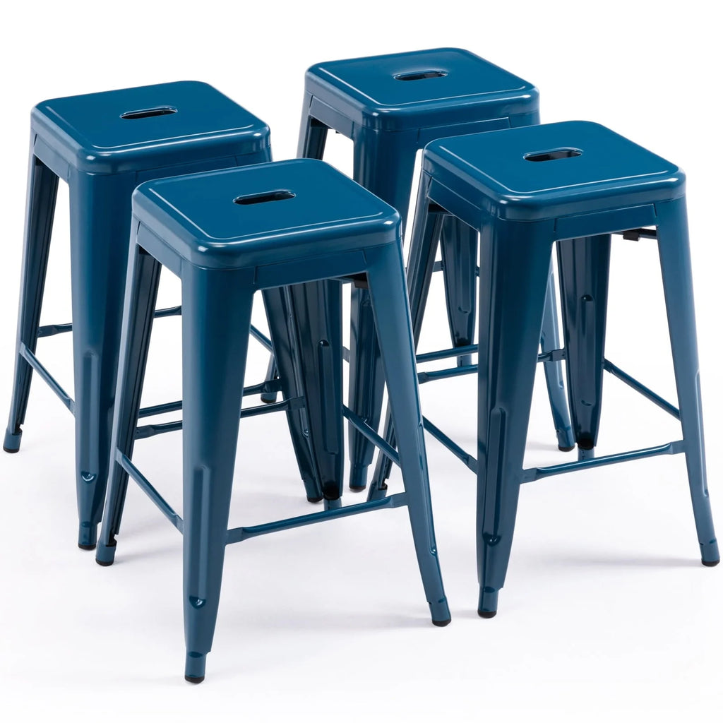Brage Living Blue Backless Metal Bar Stools Indoor-Outdoor Counter Height Stool Backless Stackable Barstools Kitchen Counter Stools Chairs, Set of 4