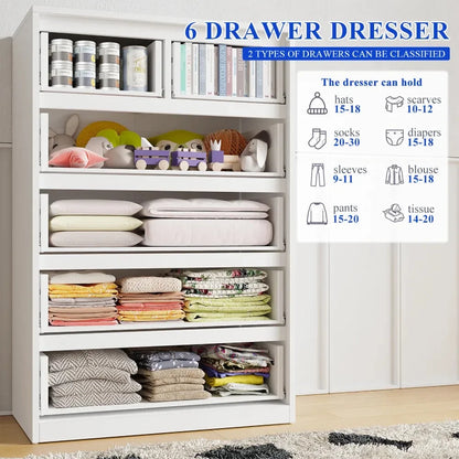 Dresser for Bedroom, Lofka 6 Drawer Dresser, Chest of Drawers Tall White Dresser with Anti-Tripping, Cutout Handles
