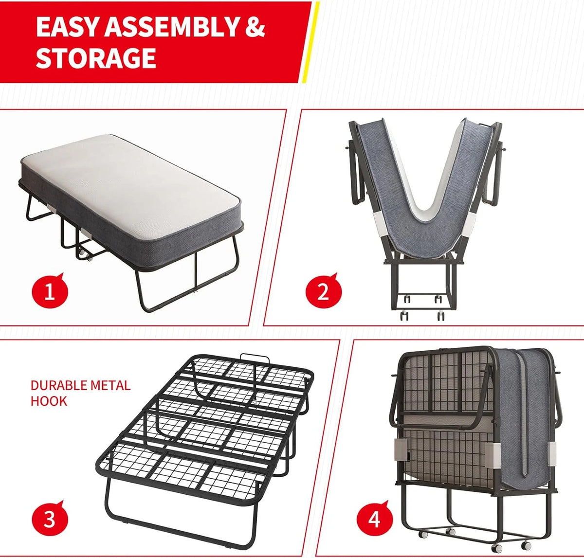 Puremind Folding Bed with 4 Inch Foam Mattress,  75" x 31" Rollaway Bed for Adults, Portable Bed with Lockable Wheels, Easy Assembly & Moving, Standard