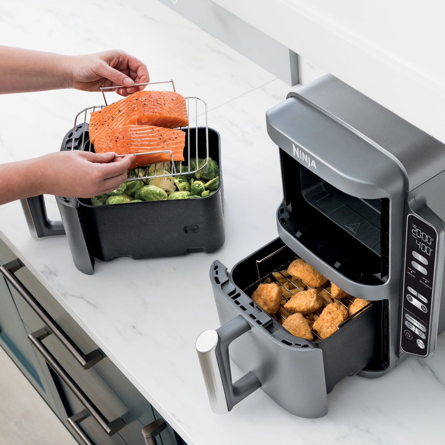 Ninja DoubleStack XL 2-Basket Air Fryer, DoubleStack Technology Cooks 4 Foods at Once, Space Saving Design, 10 QT, 4-in-1, Smart Finish & Match Cook, SL400