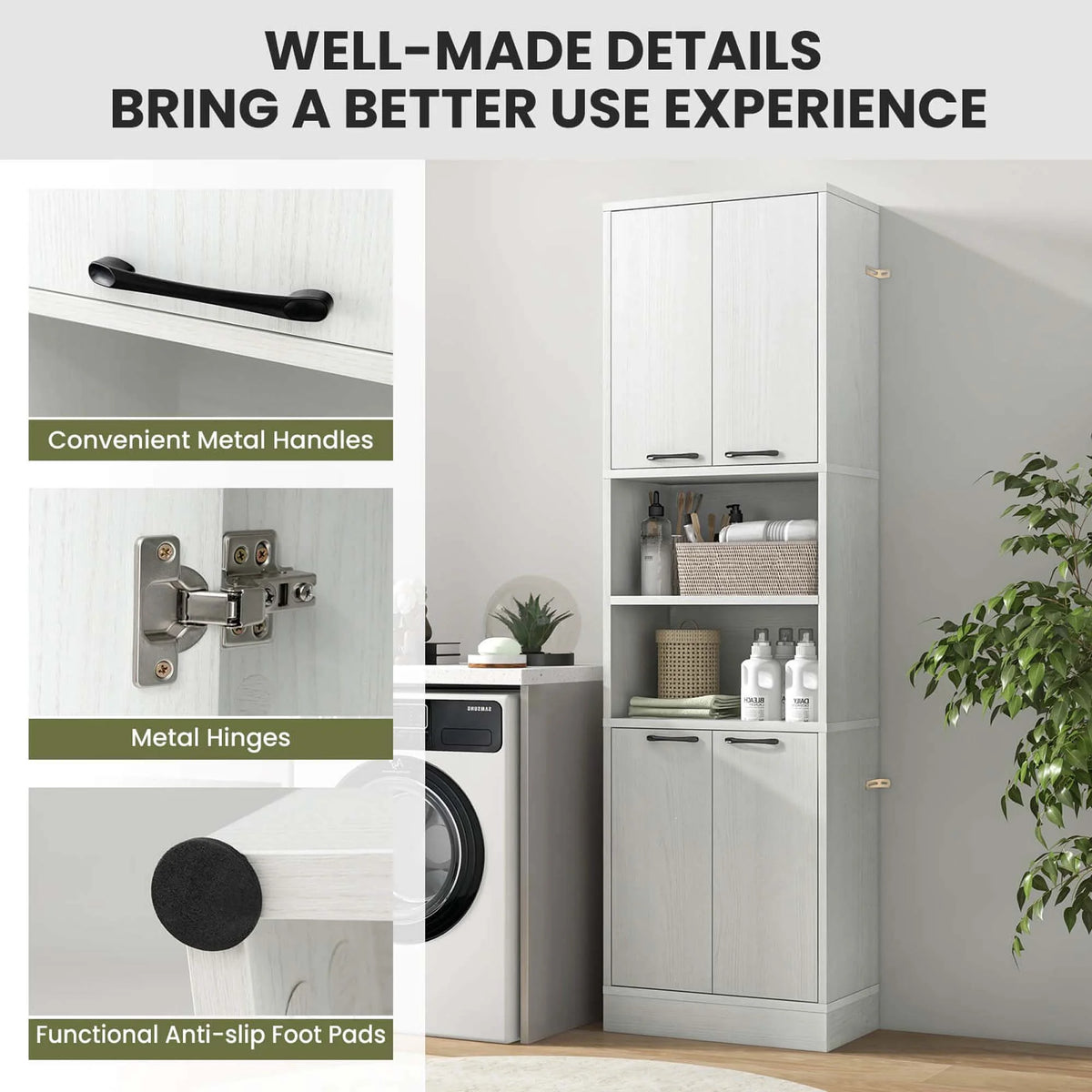 Costway 75" Tall Bathroom Storage Cabinet with 4 Doors & 2 Open Compartments Freestanding White