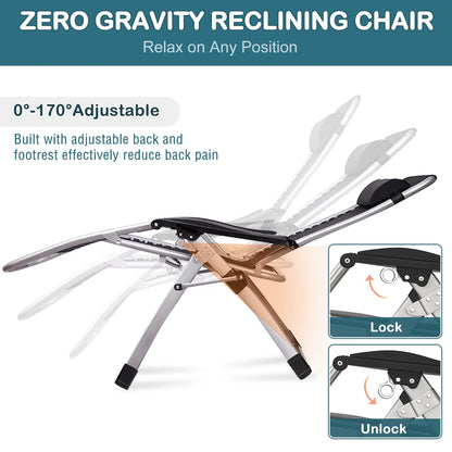 NAIZEA 2 Pack Zero Gravity Chair, Foldable Portable Lawn Recliner with Cushion, Headrest, Cup Holder, Black