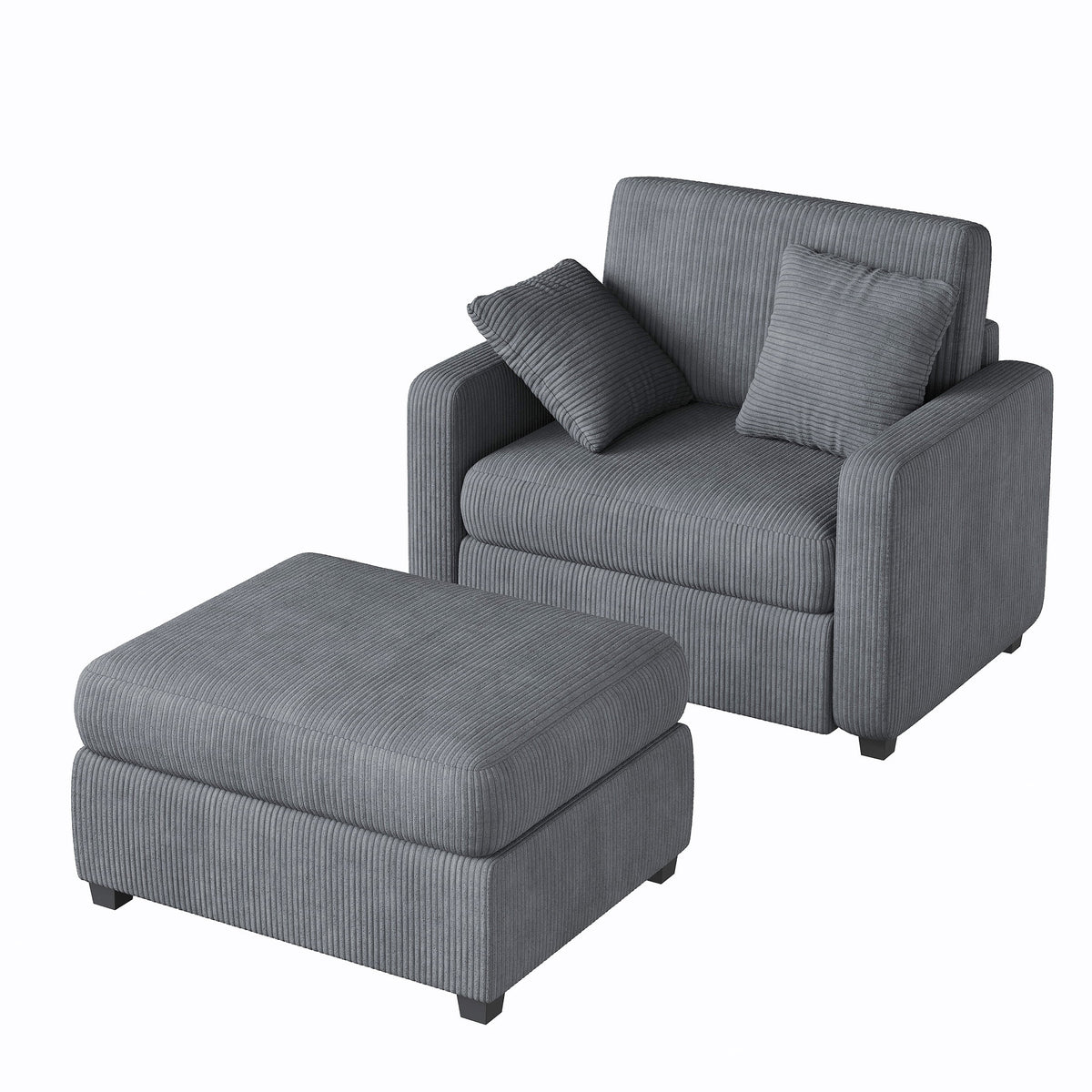 LUMIHO Chaise Lounge Chair Indoor, 42" Sleeper Chair with Two Throw Pillows and Armrests, Corduroy Chaise Couch Chair with Ottoman for Living Room, Bedroom, Apartment, Green