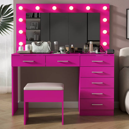 Ktaxon Large Makeup Vanity, Vanity Table Set w/ Visible Glass Top w/ Charging Station, White