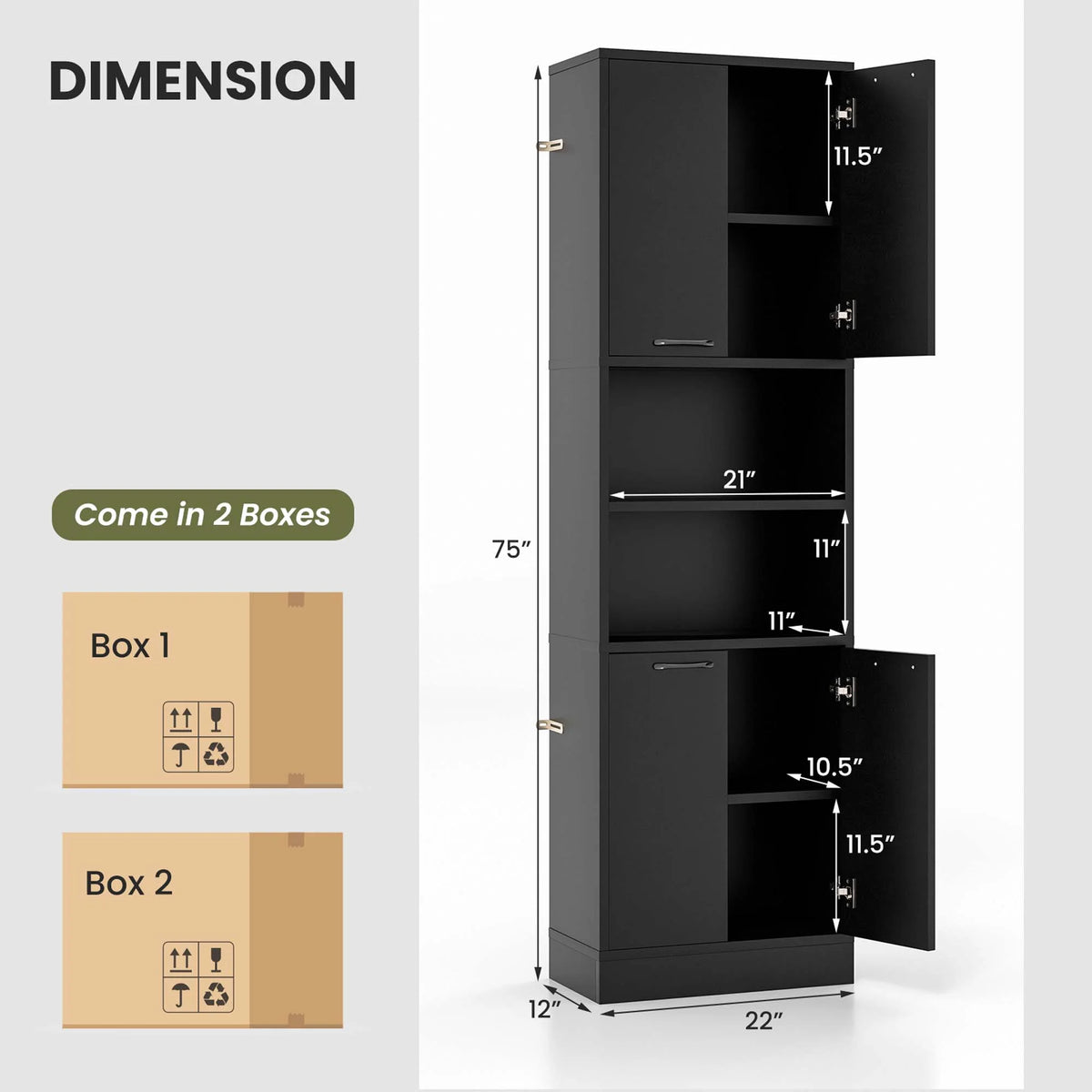 Costway 75" Tall Bathroom Storage Cabinet with 4 Doors & 2 Open Compartments Freestanding White