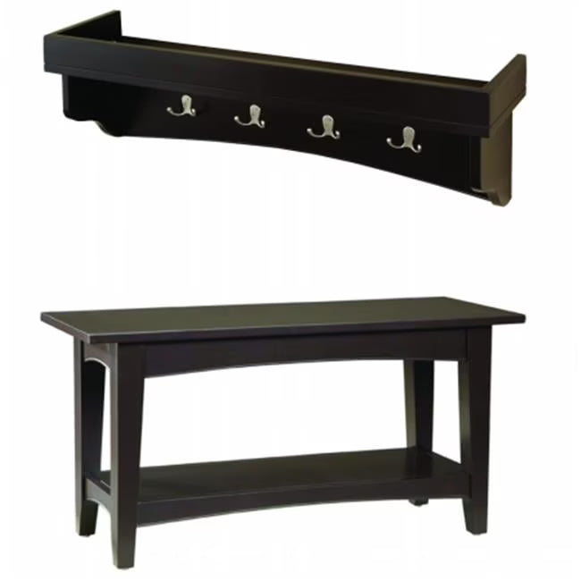 Alaterre Shaker Cottage Bench/Coat Hooks with Tray, Chocolate