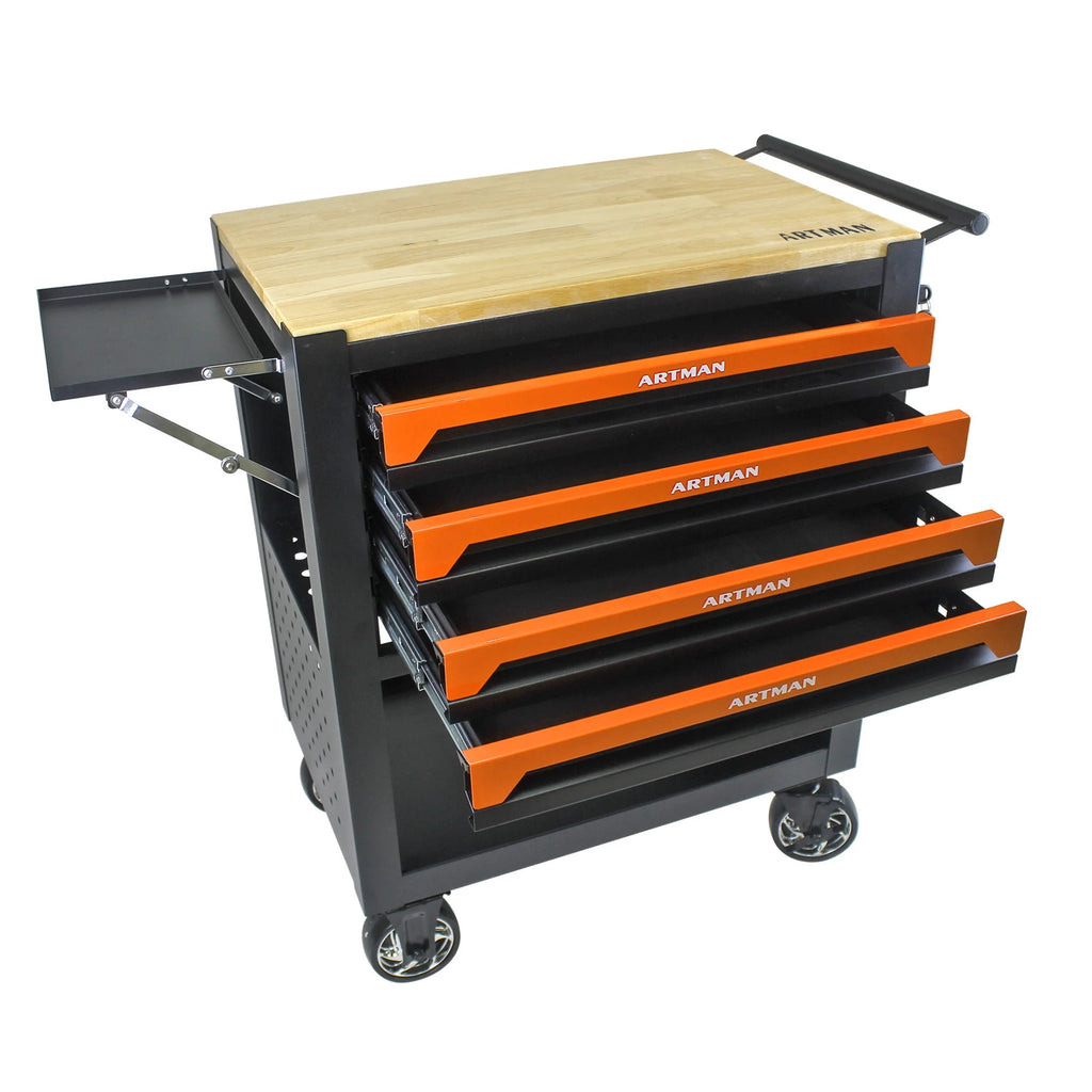Roromall Rolling Tool Cart with Wooden Top 4 Drawers Foldable Side Panel Multi-Function Tool Chest for Garage Workshop Tool Organizer