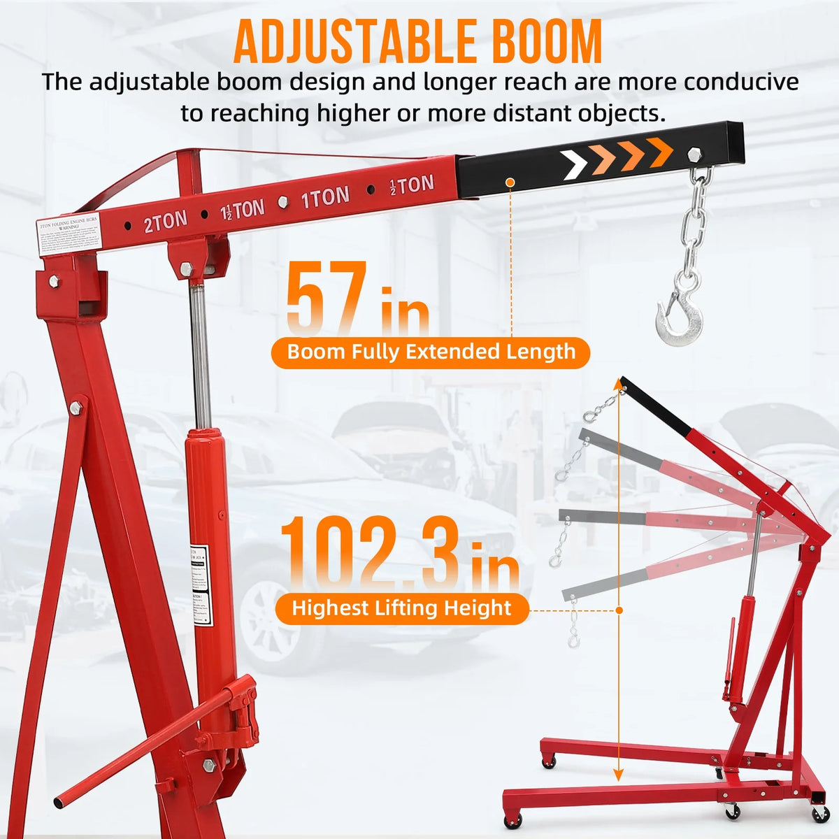 GARVEE 2 Ton Folding Hydraulic Engine Hoist with Lever,Folding Engine Shop Crane Hoist Lift,Heavy Cherry Picker with 6 Wheels for Garage,Workshop,Yellow